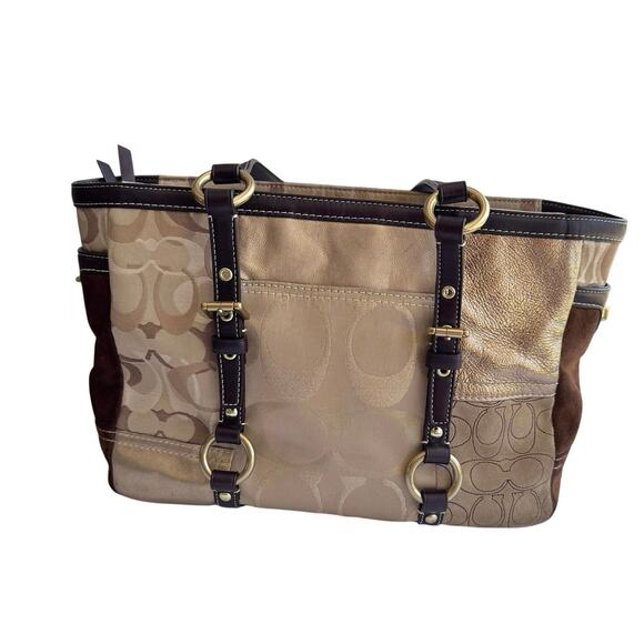 Vintage Coach Patchwork Signature Jacquard & Suede Gold/Tan Tote F06Q‑10383 - Picture 2 of 11